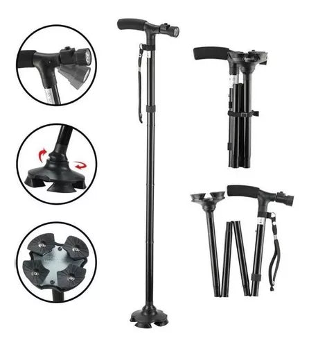 Bastón plegable con base de apoyo e iluminación