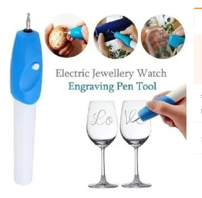 Lápiz grabador eléctrico azul y blanco, con ejemplos de grabado en objetos