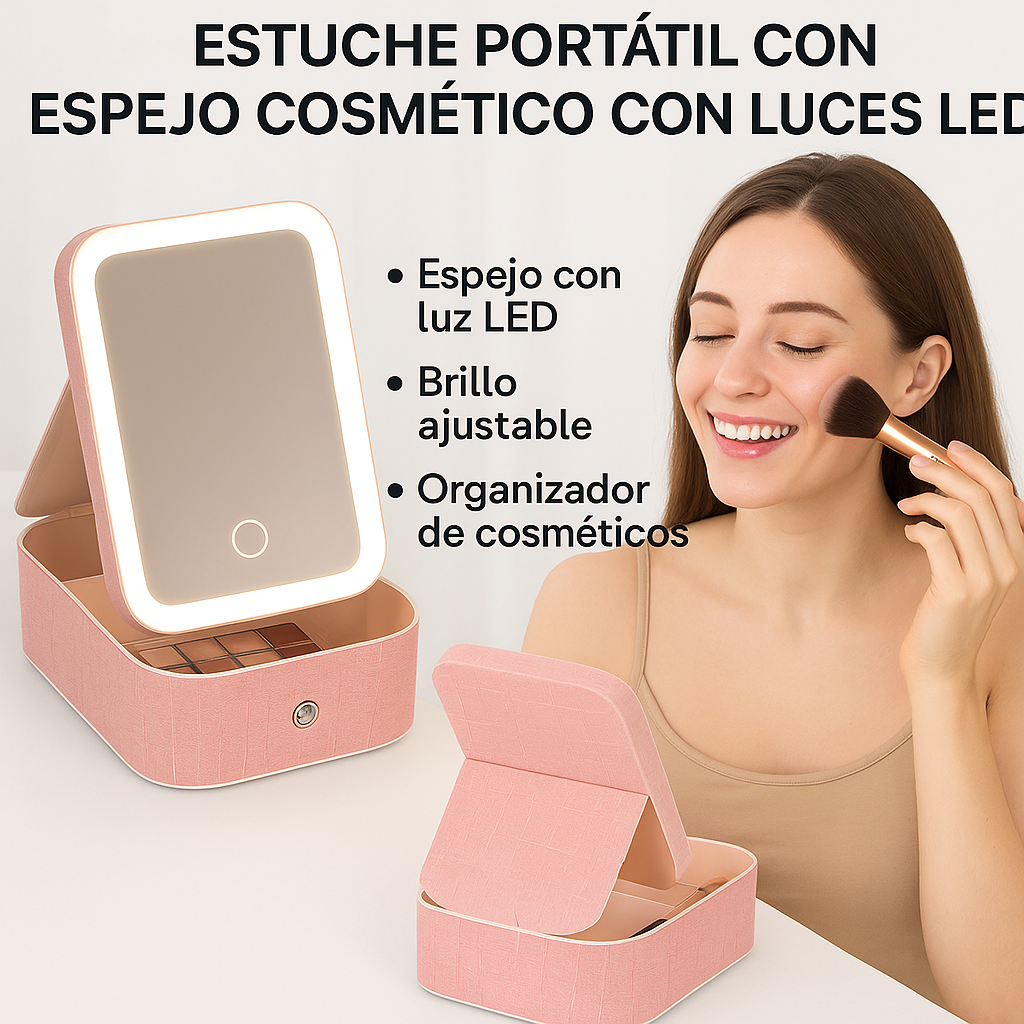 Estuche compacto de maquillaje con espejo LED
