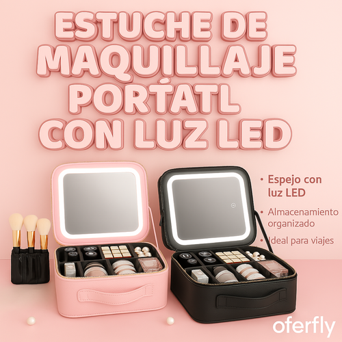 Estuche de maquillaje portátil con espejo LED