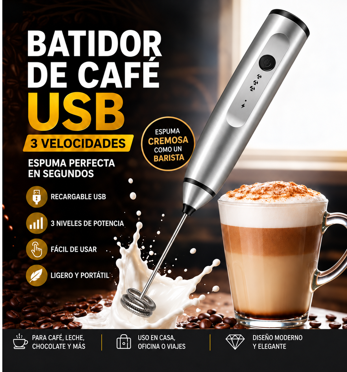 Mini Batidor de Café negro recargable por USB, con tres velocidades
