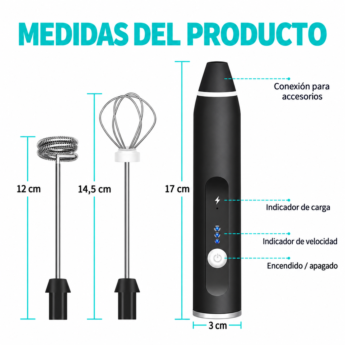 Medidas del Mini Batidor y sus accesorios en español