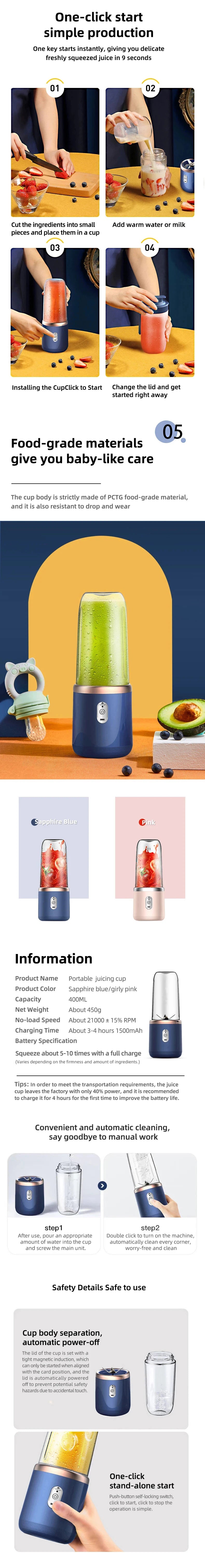 USB Personal Mini Juicer Cup Handheld Travel Blender Portable Single Double Cup for Water Bottles