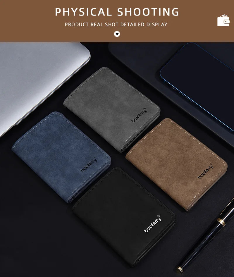 Baellerry Men's Thin Sanded Leather Wallet Casual Business Multi-Function Bifold Driver's License Card Holder Short Wallet