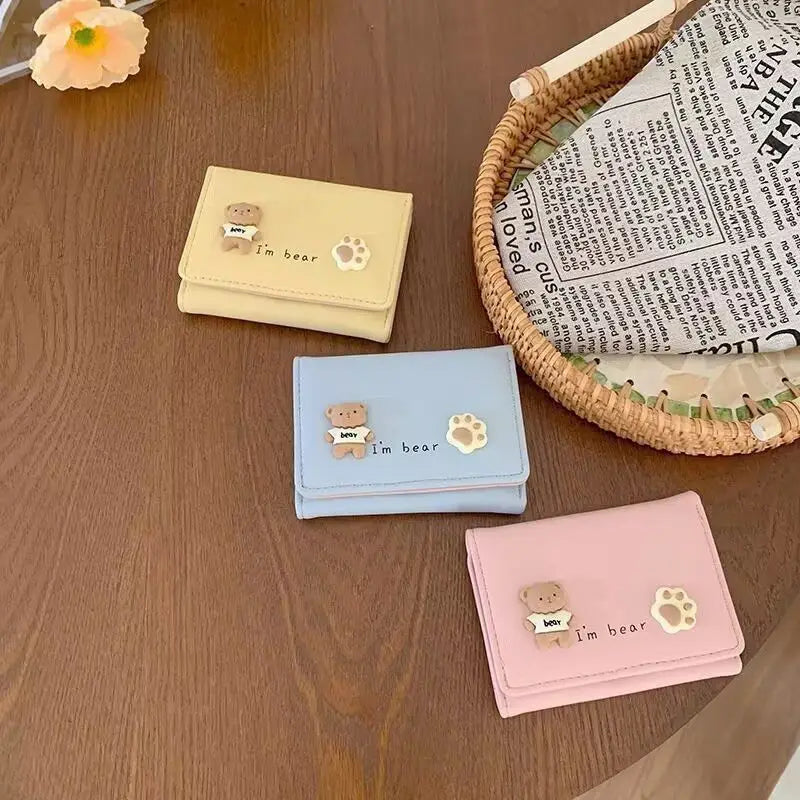 WERLLANDS PU Leather Bear Embossed Mini Card Wallet Women Ultra Thin Multi Card Slots Coin Purse Portable Student Pocket Money B