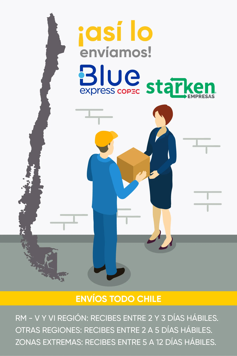 Envíos a todo Chile con Blue Express y Starken. RM, V y VI Región: 2 a 3 días hábiles; otras regiones: 2 a 5; zonas extremas: 5 a 12.