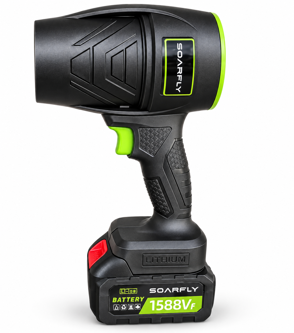 Soplador inalámbrico SOARFLY negro con detalles verdes y batería, vista de estudio